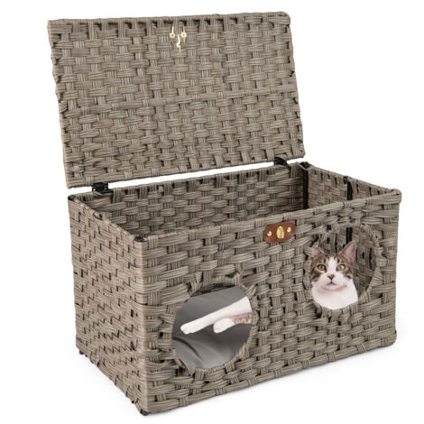 COSTWAY 60 x 35 x 35cm Large Rattan Kitten Condo House w/Soft Removable Cushion (1/5)