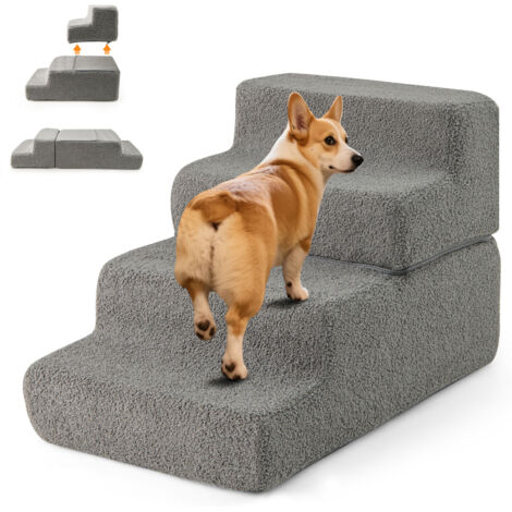 COSTWAY 4-step Foam Dog Stairs Foldable Dog Ramp w/ Non-slip Bottom-Grey
