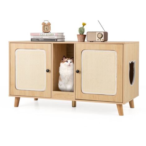 COSTWAY Cat Litter Box Enclosure Hidden Cat Washroom Furniture-Natural