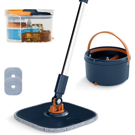 COSTWAY Flat Floor Mop & Bucket System with 8 Washable Microfiber Pads-Navy (1/5)