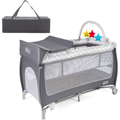 COSTWAY 4 in 1 Infant Nursery Center Folding Baby Playard w/ Toy Bar-Grey (1/5)
