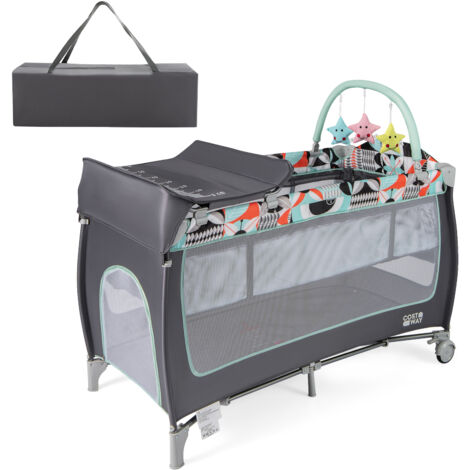 COSTWAY 4 in 1 Infant Nursery Center Folding Baby Playard w/ Toy Bar-Blue (1/5)