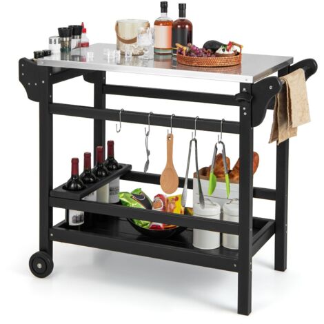 COSTWAY Movable Outdoor Dining Cart Table HDPE Pizza Oven Stand Cooking Table
