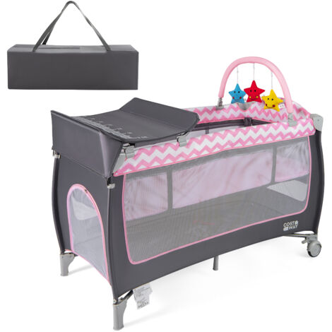 COSTWAY 4 in 1 Infant Nursery Center Folding Baby Playard w/ Toy Bar Pink (1/5)