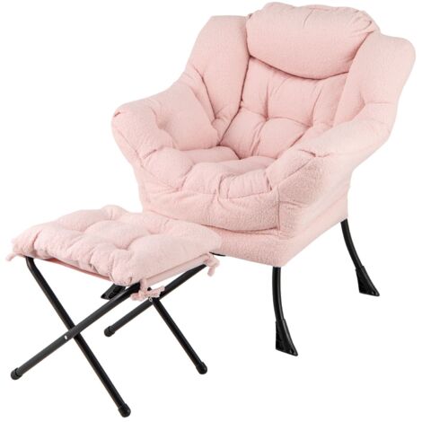 COSTWAY Lazy Chair Modern Accent Chair with Ottoman & Folding Footrest-Pink (1/5)