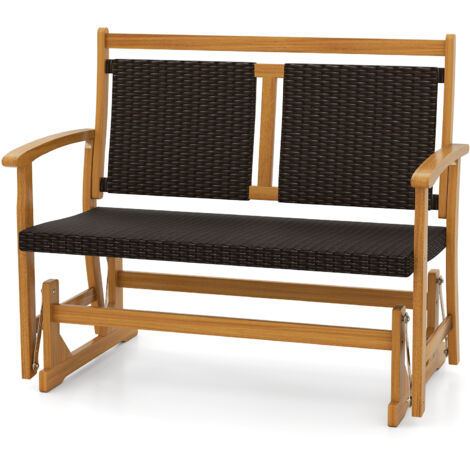 COSTWAY Outdoor Glider Bench Acacia Wood Porch Glider with Rattan Backrest (1/5)