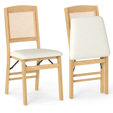 COSTWAY Folding Dining Chairs Set of 2 Rubber Wood with Linen Padded Seat Rattan Backrest Indoor Use, Brown (1/5)
