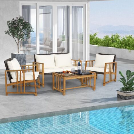 COSTWAY 4 PCS Outdoor Patio Mix Brown Rattan Set PE Wicker Chair Table Set w/Cushions