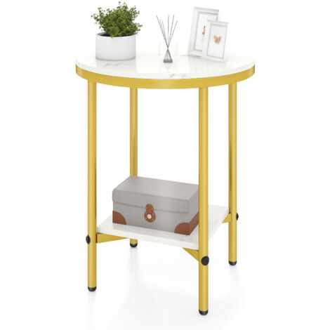 COSTWAY 2-Tier Accent Table Round Faux Marble End Table with Metal Frame Storage Shelf White