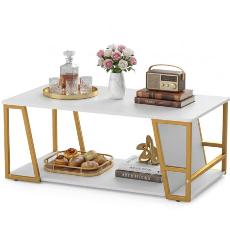 COSTWAY 100x55cm 2-Tier Coffee Table with Storage Shelf and Gold Frame Gold (1/5)