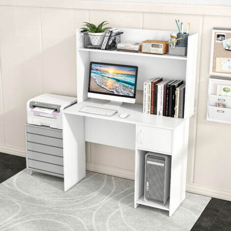 COSTWAY Computer Desk with Storage Shelf and Cabinet for Home Office Study 106x50x148cm White