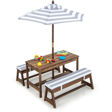 COSTWAY 4 PCS Wooden Kids Picnic Table Bench Children Outdoor Activity Desk-Grey