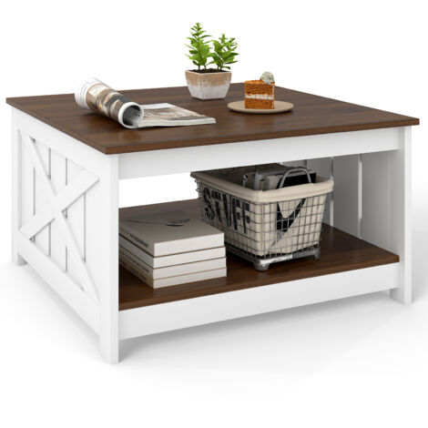 COSTWAY Farmhouse Coffee Table 31” Square Coffee Table w/Storage Shelf-White (1/5)
