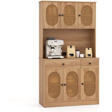 COSTWAY Kitchen Storage Cabinet with Charging Station and 6 Rattan Doors Natural