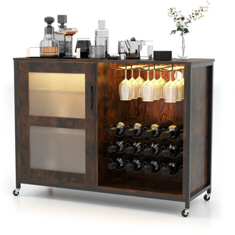 COSTWAY Wine Bar Cabinet Liquor Buffet Sideboard with Wheels-Brown (1/5)