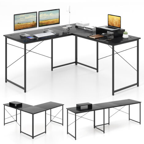 COSTWAY L-Shaped Computer Desk Reversible Corner Study Writing Desk-Black (1/5)