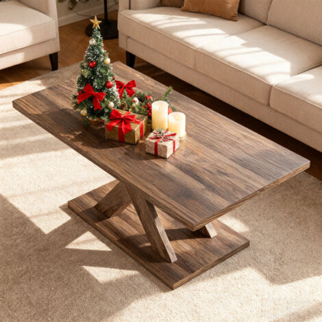 COSTWAY 95CM Coffee Table with Stable Base and Rubber Wood Connection Brown (1/5)