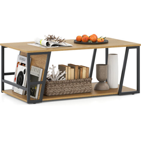COSTWAY 100x55cm 2-Tier Coffee Table with Storage Shelf and Gold Frame Natural (1/5)