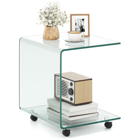 COSTWAY 2 Tier Coffee Table with Lockable Wheels Glass End Table for Living Room Transparent (1/5)
