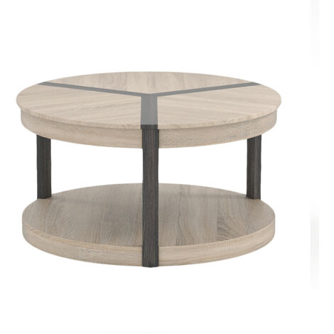 COSTWAY 2-Tier Round Coffee Table 88CM Rubber Wood Center Table w/Shelf-Oak (1/5)