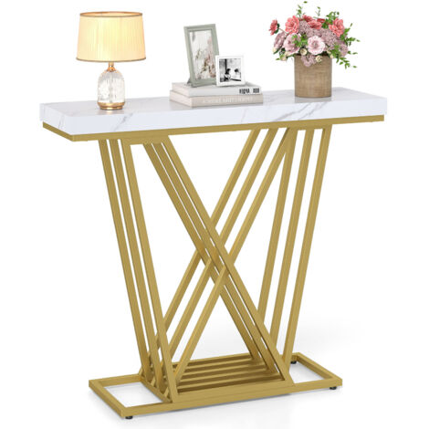 COSTWAY Gold Console Table Modern Sofa Table-White (1/5)