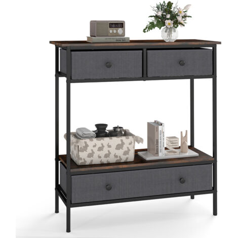 COSTWAY 80cm Industrial Console Table for Entryway with 3 Fabric Drawers & Open Storage Brown (1/5)