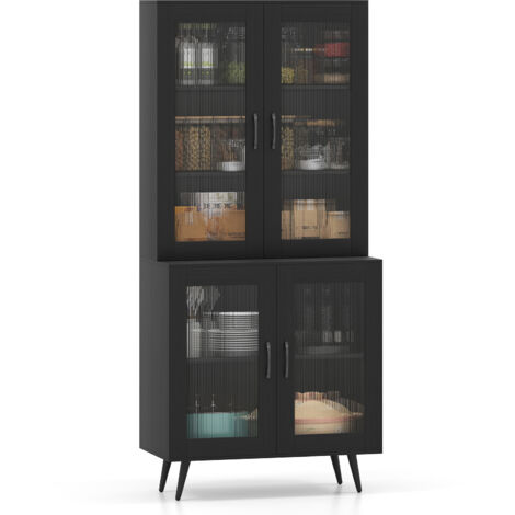 COSTWAY Kitchen Pantry Cabinet 178 cm Tall Cupboard w/4 Transparent Doors-Black