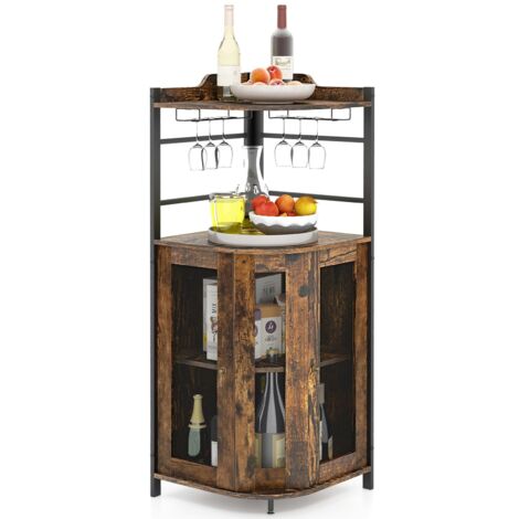 COSTWAY Corner Bar Cabinet Industrial Wine Buffet Cabinet-Brown
