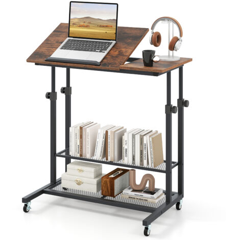 COSTWAY Mobile Stand up Desk Height Adjustable Sit Stand Desk-Brown