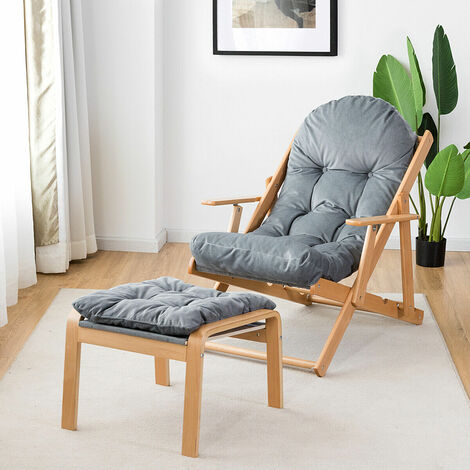 Costway Foldable Wooden Recliner Chair Matching Footstool 3 Position Adjustable Reclining Lounger Home Office Yard Deck Costway Foldable Wooden Recliner Chair, Folding Recliner Chair With Footrest