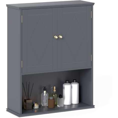 COSTWAY Bathroom Wall Cabinet 2-Door Wall Mounted Medicine Cabinet-Grey (1/5)