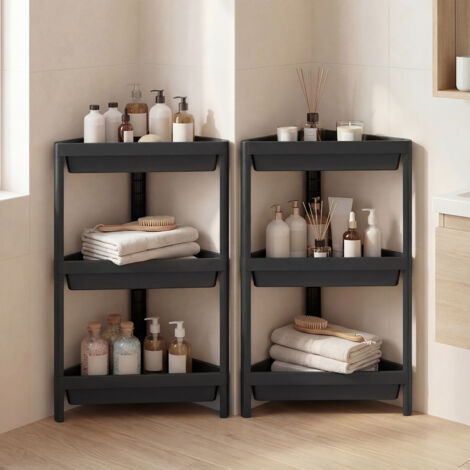 COSTWAY 3-Tier Corner Shower Caddy 2-Pack Bathroom Standing Shelf Drainage Holes-Black (1/5)