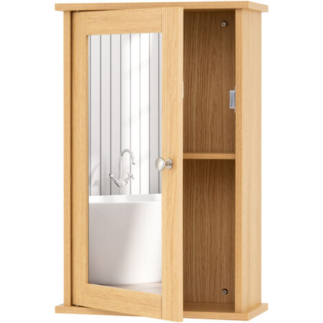 COSTWAY Bathroom Medicine Cabinet Wall Mounted Mirror Cabinet w/ Single Door-Natural