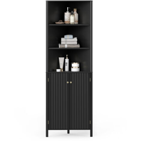 COSTWAY 68" Tall Black Corner Cabinet Modern Corner Storage Cabinet with 5 Shelves and 2 Fluted Doors