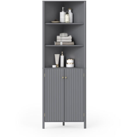 COSTWAY 68" Tall Grey Corner Cabinet Modern Corner Storage Cabinet with 5 Shelves and 2 Fluted Doors