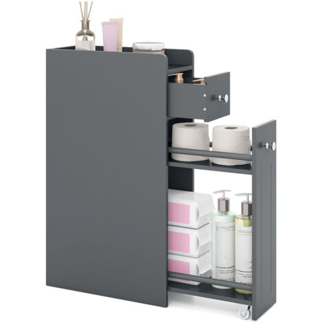 COSTWAY 4-Tier Narrow Toilet Side Storage Cabinet w/Slide Out Drawers-Grey