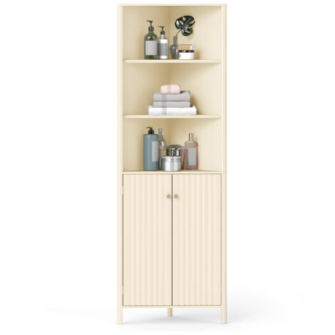 COSTWAY 68" Tall Beige Corner Cabinet Modern Corner Storage Cabinet with 5 Shelves and 2 Fluted Doors (1/5)