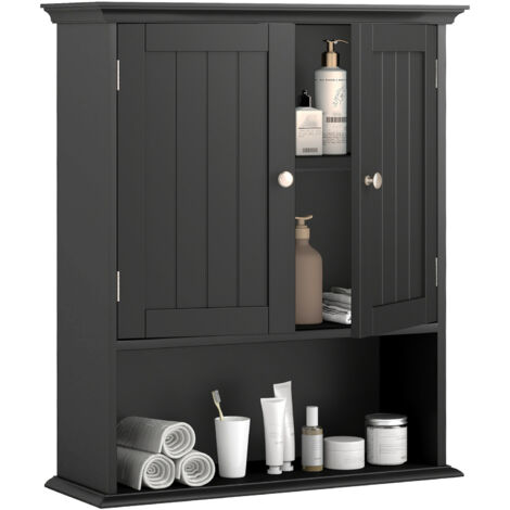 COSTWAY Bathroom Wall Mounted Cabinet Wooden Hanging Cabinet w/Doors-Black (1/5)