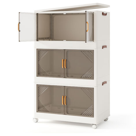 COSTWAY 213L Folding Storage Bins 3-Tier Stackable Storage Containers-White (1/5)