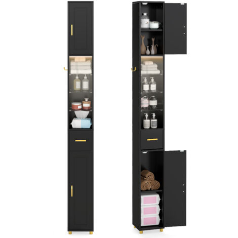 COSTWAY 180 cm Tall Bathroom Cabinet Narrow Storage Organizer w/ 3 Doors-Black