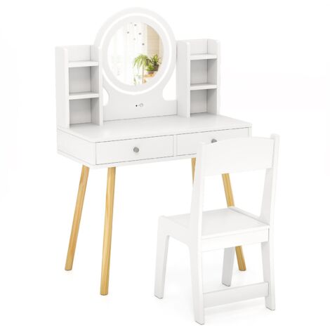 COSTWAY Kids Vanity Set Princess Vanity Desk Set w/ LED Lighted Mirror-White (1/5)