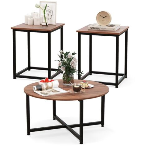COSTWAY Set of 3 Modern Coffee Table Set Round Coffee Table and 2PCS Square End Tables (1/5)
