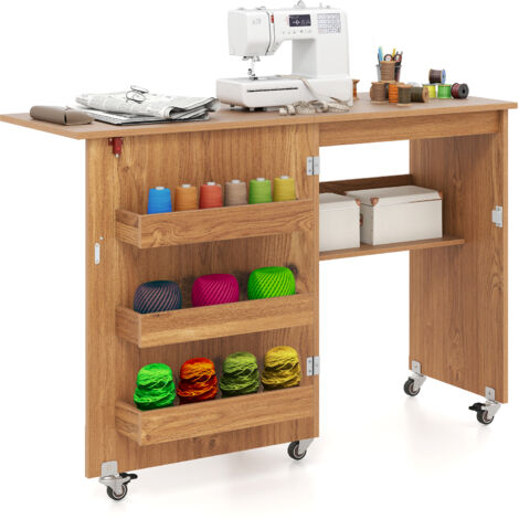 COSTWAY Folding Sewing Table Rolling Craft Station Storage Shelf 3 Hidden Bins Mobile Desk Natural (1/5)