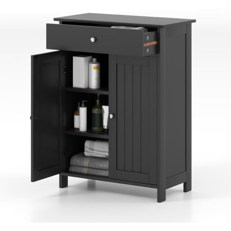 COSTWAY Bathroom Floor Cabinet Freestanding Storage Organizer w/2 Doors-Black (1/5)