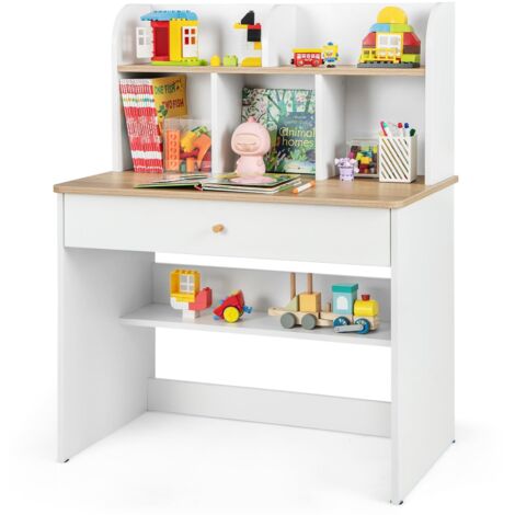 COSTWAY Kids Wooden Study Desk Children Writing Table with Hutch & Drawer (1/5)