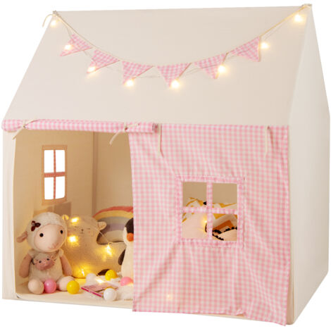 COSTWAY Kids Play Tent Indoor Large Playhouse with Mat & Star Lights-Pink (1/5)