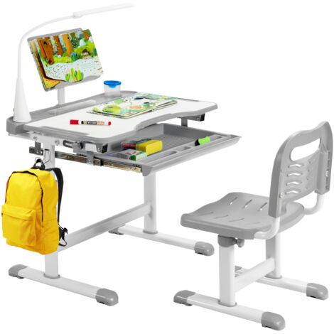 COSTWAY Height Adjustable Kid's Tilted Desk Set with Lamp & Drawer Grey (1/5)