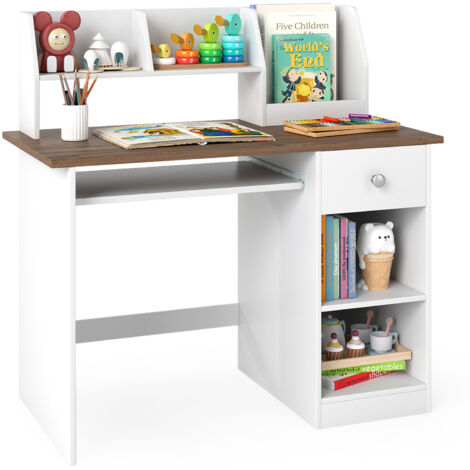 COSTWAY Kids Study Desk Wooden Writing Table with Keyboard Tray & Drawer-Natural