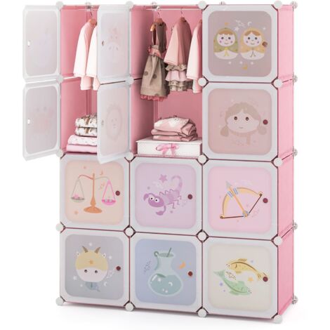 COSTWAY Portable Kids Wardrobe Bedroom 12-Cube Baby Closet-Pink