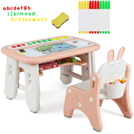 COSTWAY Kids Drawing Table & Chair Set w/Flip-Top Tabletop Bookshelf-Pink (1/5)